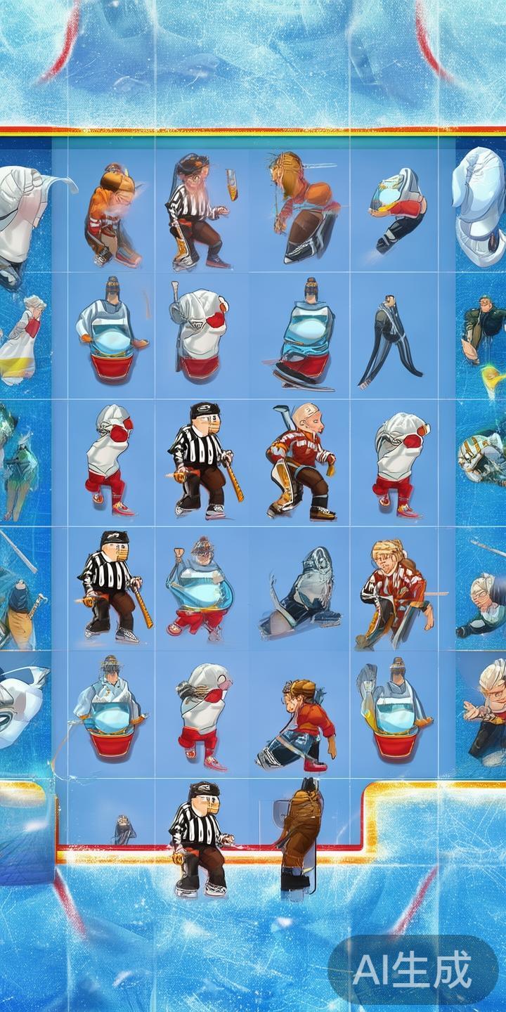 游戏中，特点符号包括冰球、运动员、裁判等，而各种符